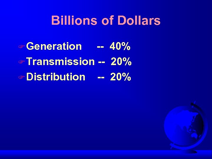 Billions of Dollars F Generation -- 40% F Transmission -- 20% F Distribution --