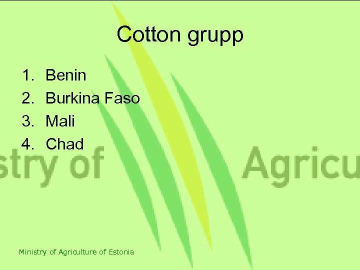 Cotton grupp 1. 2. 3. 4. Benin Burkina Faso Mali Chad Ministry of Agriculture