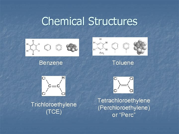 Chemical Structures Benzene Trichloroethylene (TCE) Toluene Tetrachloroethylene (Perchloroethylene) or “Perc” 