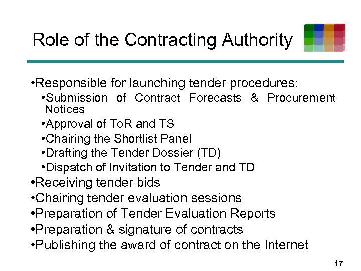 Role of the Contracting Authority • Responsible for launching tender procedures: • Submission of