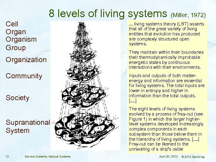8 levels of living systems (Miller, 1972) Cell Organism Group Organization Community Society Supranational