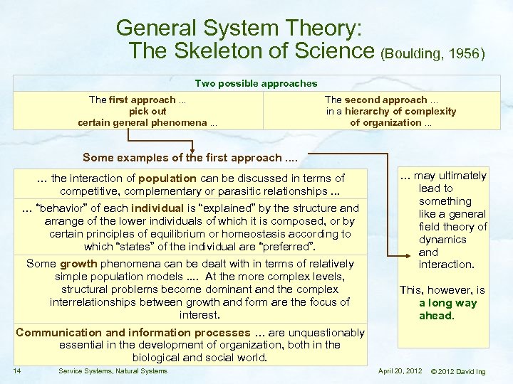 General System Theory: The Skeleton of Science (Boulding, 1956) Two possible approaches The first