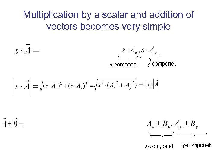 Multiplication by a scalar and addition of vectors becomes very simple x-componet y-componet 