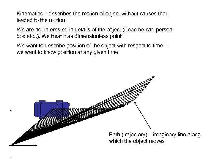 Kinematics – describes the motion of object without causes that leaded to the motion