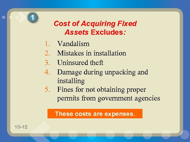 1 Cost of Acquiring Fixed Assets Excludes: 1. 2. 3. 4. Vandalism Mistakes in