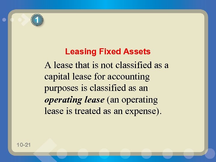 1 Leasing Fixed Assets A lease that is not classified as a capital lease