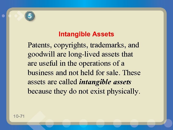 5 Intangible Assets Patents, copyrights, trademarks, and goodwill are long-lived assets that are useful