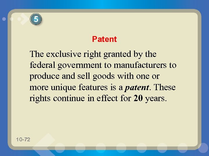 5 Patent The exclusive right granted by the federal government to manufacturers to produce