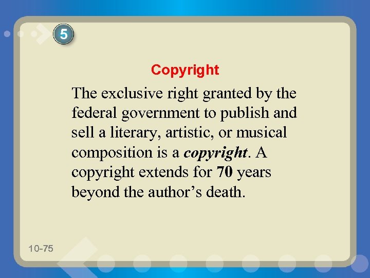 5 Copyright The exclusive right granted by the federal government to publish and sell