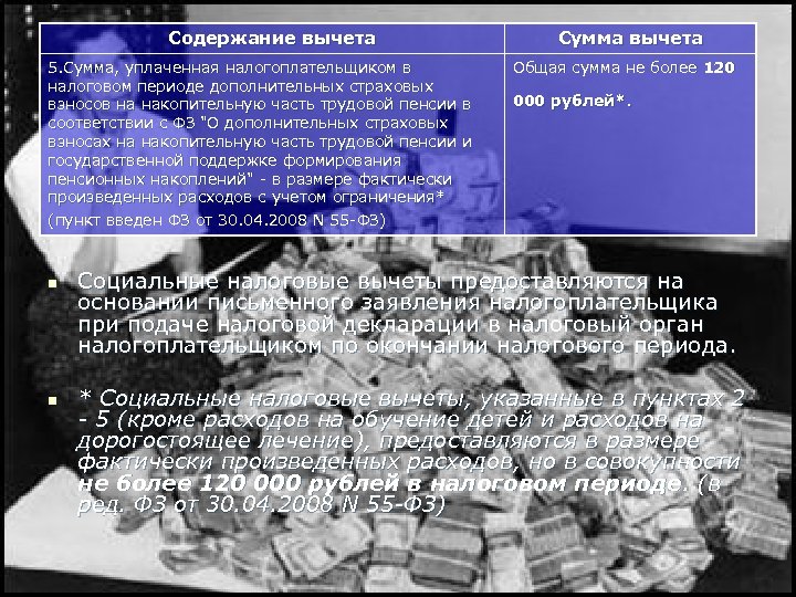 Содержание вычета 5. Сумма, уплаченная налогоплательщиком в налоговом периоде дополнительных страховых взносов на накопительную