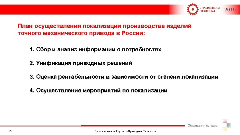 2015 План осуществления локализации производства изделий точного механического привода в России: 1. Сбор и
