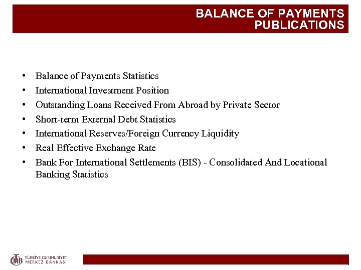 BALANCE OF PAYMENTS PUBLICATIONS • • Balance of Payments Statistics International Investment Position Outstanding