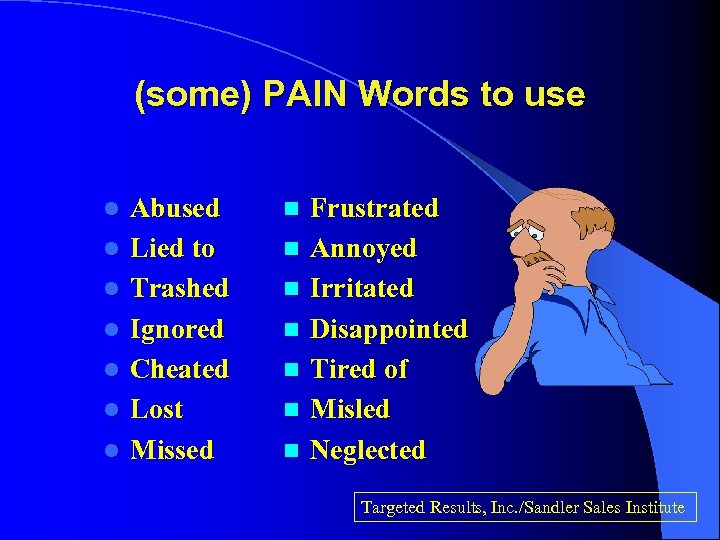 (some) PAIN Words to use l l l l Abused Lied to Trashed Ignored
