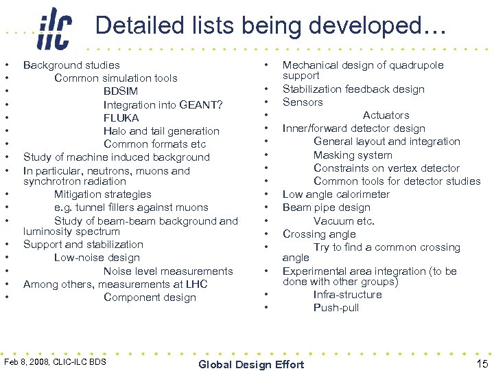 Detailed lists being developed… • • • • • Background studies Common simulation tools