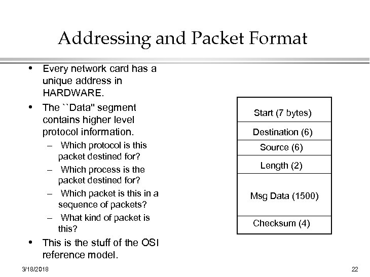 Addressing and Packet Format • Every network card has a unique address in HARDWARE.