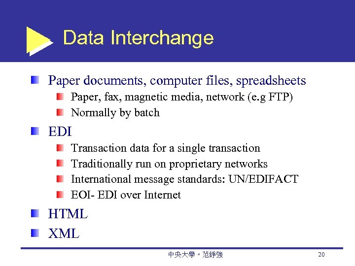 Data Interchange Paper documents, computer files, spreadsheets Paper, fax, magnetic media, network (e. g