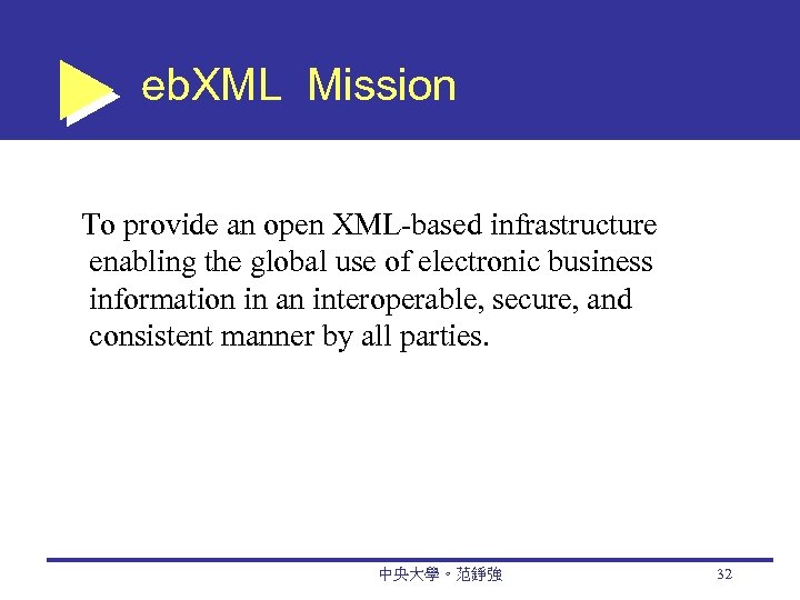 eb. XML Mission To provide an open XML-based infrastructure enabling the global use of
