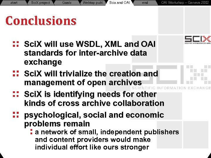 start Sci. X project Goals Webtop publ. Sci. X and OAI Scix end OAI