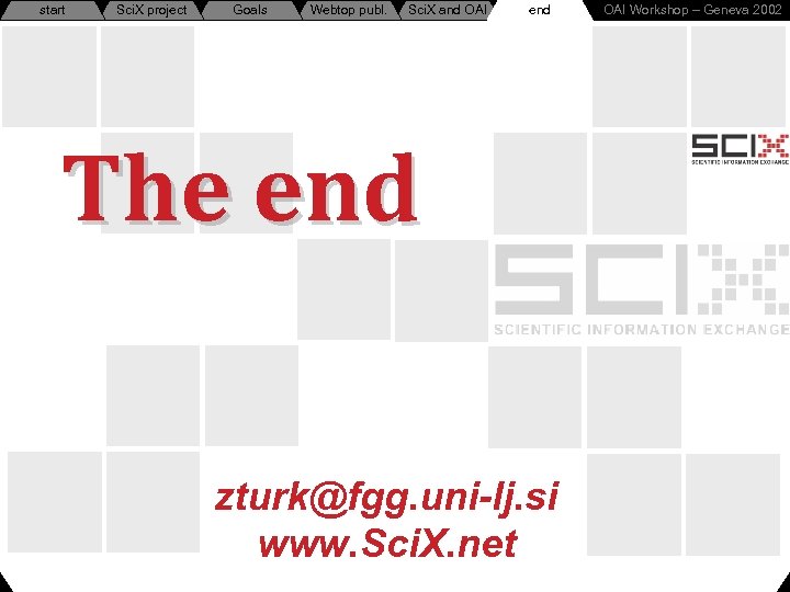 start Sci. X project Goals Webtop publ. Sci. X and OAI end The end