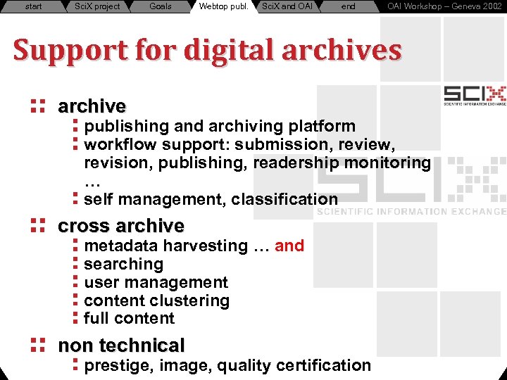 start Sci. X project Goals Webtop publ. Sci. X and OAI end OAI Workshop