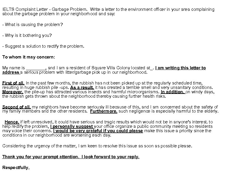 IELTS Complaint Letter - Garbage Problem. Write a letter to the environment officer in