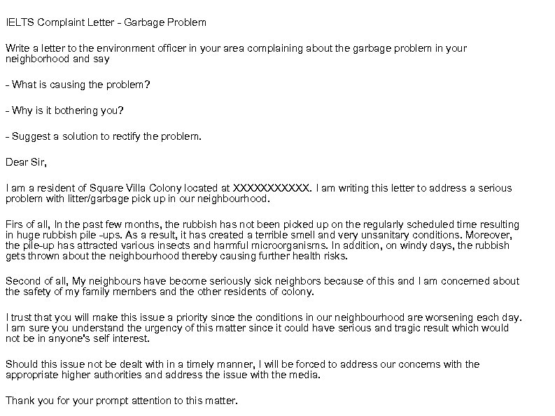 IELTS Complaint Letter - Garbage Problem Write a letter to the environment officer in