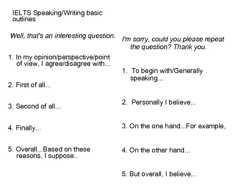 IELTS Speaking/Writing basic outlines Well, that's an interesting question. 1. In my opinion/perspective/point of