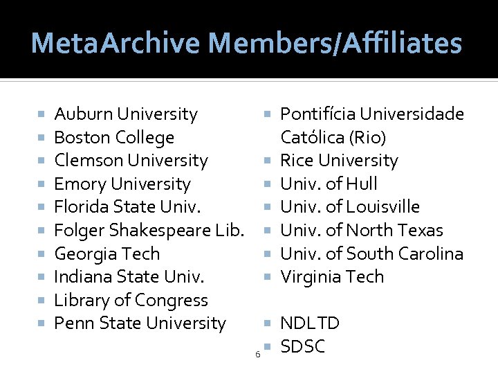 Meta. Archive Members/Affiliates Auburn University Boston College Clemson University Emory University Florida State Univ.