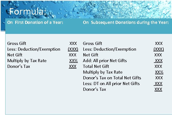 Formula: On First Donation of a Year: Gross Gift Less: Deduction/Exemption Net Gift Multiply