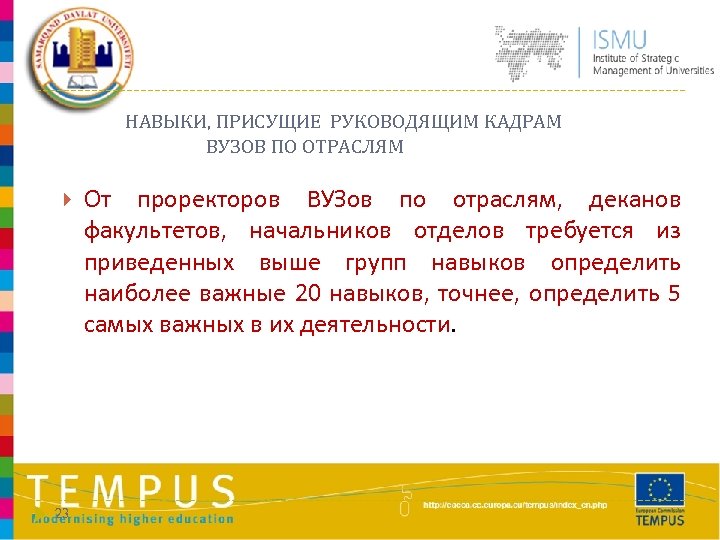 НАВЫКИ, ПРИСУЩИЕ РУКОВОДЯЩИМ КАДРАМ ВУЗОВ ПО ОТРАСЛЯМ 23 От проректоров ВУЗов по отраслям, деканов