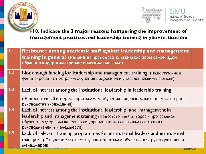  10. Indicate the 3 major reasons hampering the improvement of management practices and