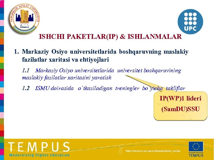 ISHCHI PAKETLAR(IP) & ISHLANMALAR 1. Markaziy Osiyo universitetlarida boshqaruvning maslakiy fazilatlar xaritasi va ehtiyojlari