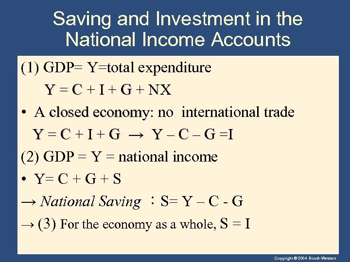 Saving and Investment in the National Income Accounts (1) GDP= Y=total expenditure Y =