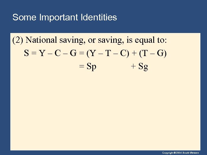 Some Important Identities (2) National saving, or saving, is equal to: S = Y
