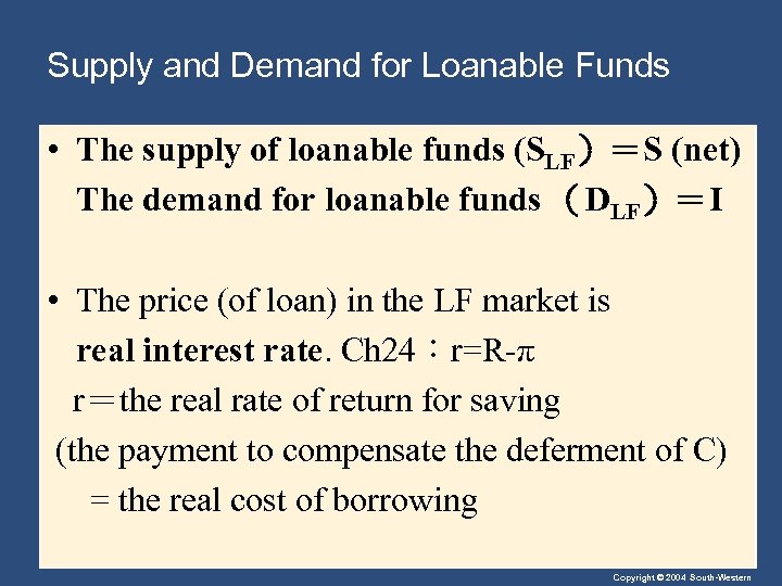 Supply and Demand for Loanable Funds • The supply of loanable funds (SLF）＝S (net)