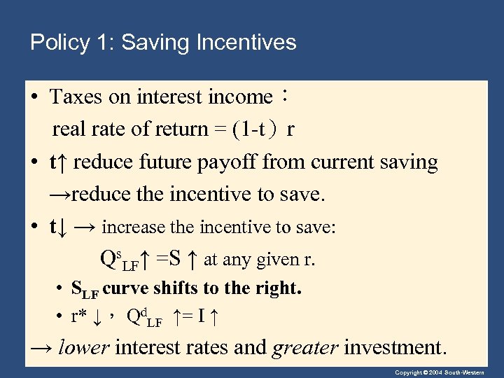 Policy 1: Saving Incentives • Taxes on interest income： real rate of return =
