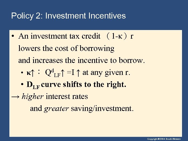 Policy 2: Investment Incentives • An investment tax credit （1 -κ）r lowers the cost