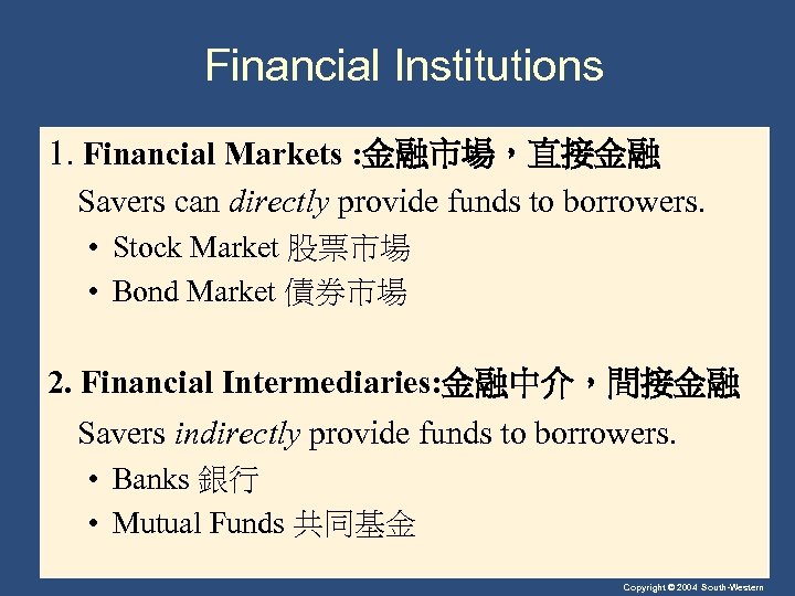 Financial Institutions 1. Financial Markets : 金融市場，直接金融 Savers can directly provide funds to borrowers.