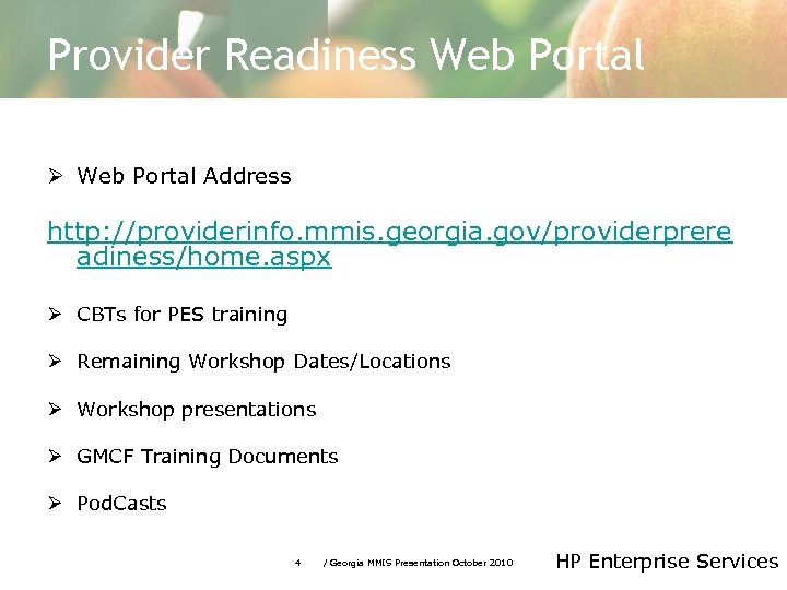 Provider Readiness Web Portal Ø Web Portal Address http: //providerinfo. mmis. georgia. gov/providerprere adiness/home.