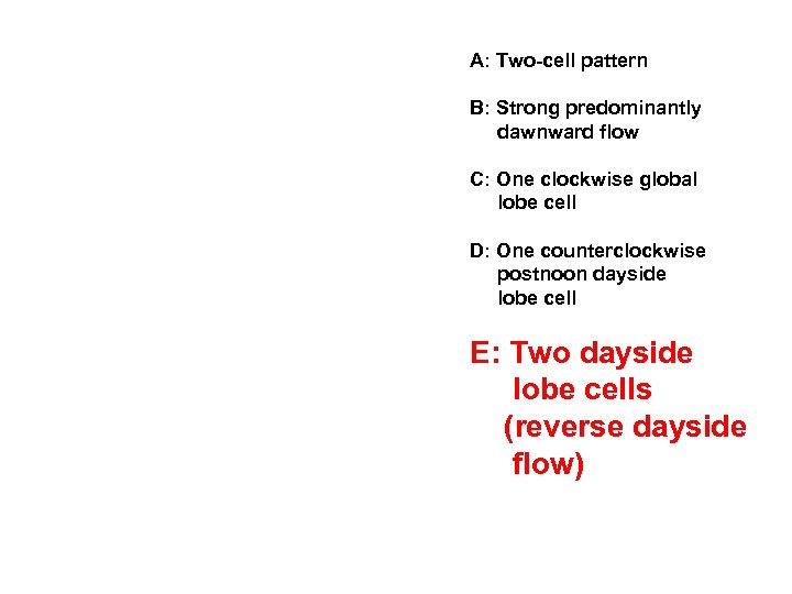 A: Two-cell pattern B: Strong predominantly dawnward flow C: One clockwise global lobe cell