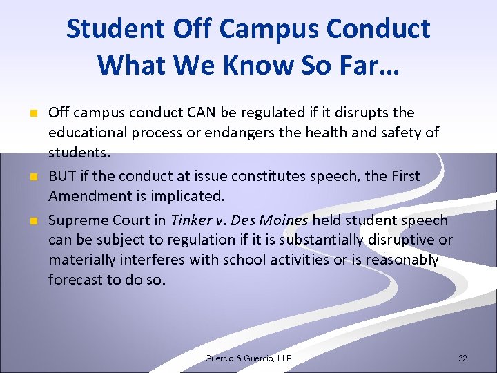 Student Off Campus Conduct What We Know So Far… n n n Off campus