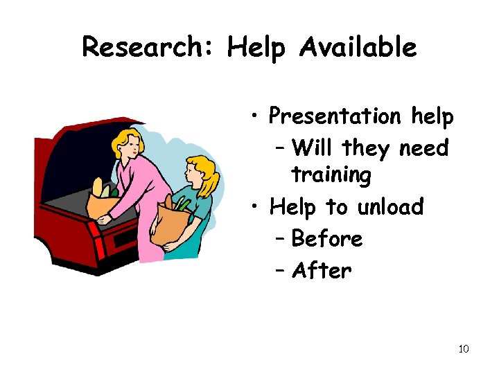 Research: Help Available • Presentation help – Will they need training • Help to