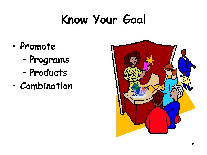 Know Your Goal • Promote – Programs – Products • Combination 5 