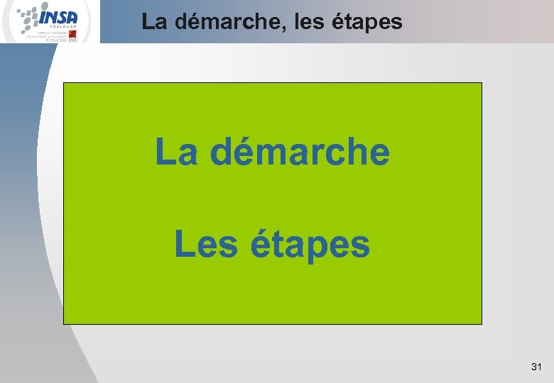 La démarche, les étapes La démarche Les étapes 31 