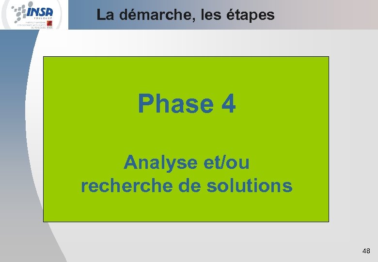 La démarche, les étapes Phase 4 Analyse et/ou recherche de solutions 48 