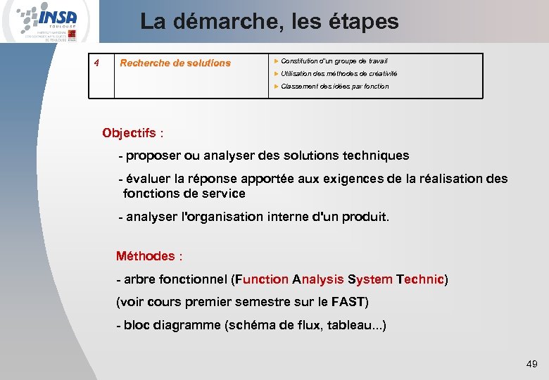 La démarche, les étapes 4 Recherche de solutions u Constitution d'un groupe de travail