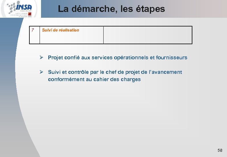 La démarche, les étapes 7 Suivi de réalisation Ø Projet confié aux services opérationnels