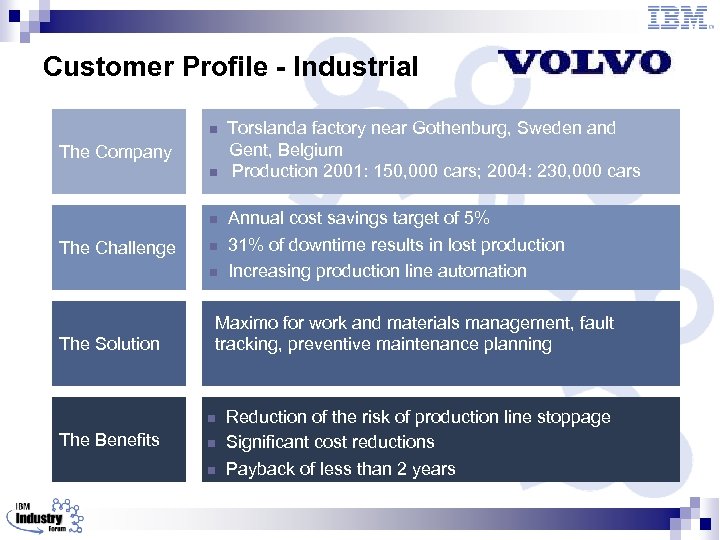 Customer Profile - Industrial n Torslanda factory near Gothenburg, Sweden and Gent, Belgium Production
