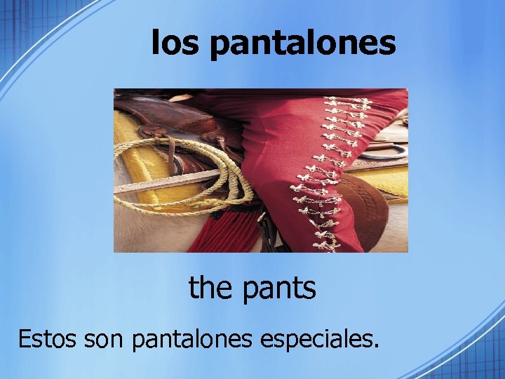 los pantalones the pants Estos son pantalones especiales. 
