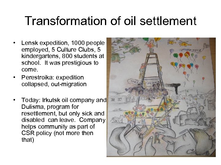 Transformation of oil settlement • Lensk expedition, 1000 people employed, 5 Culture Clubs, 5
